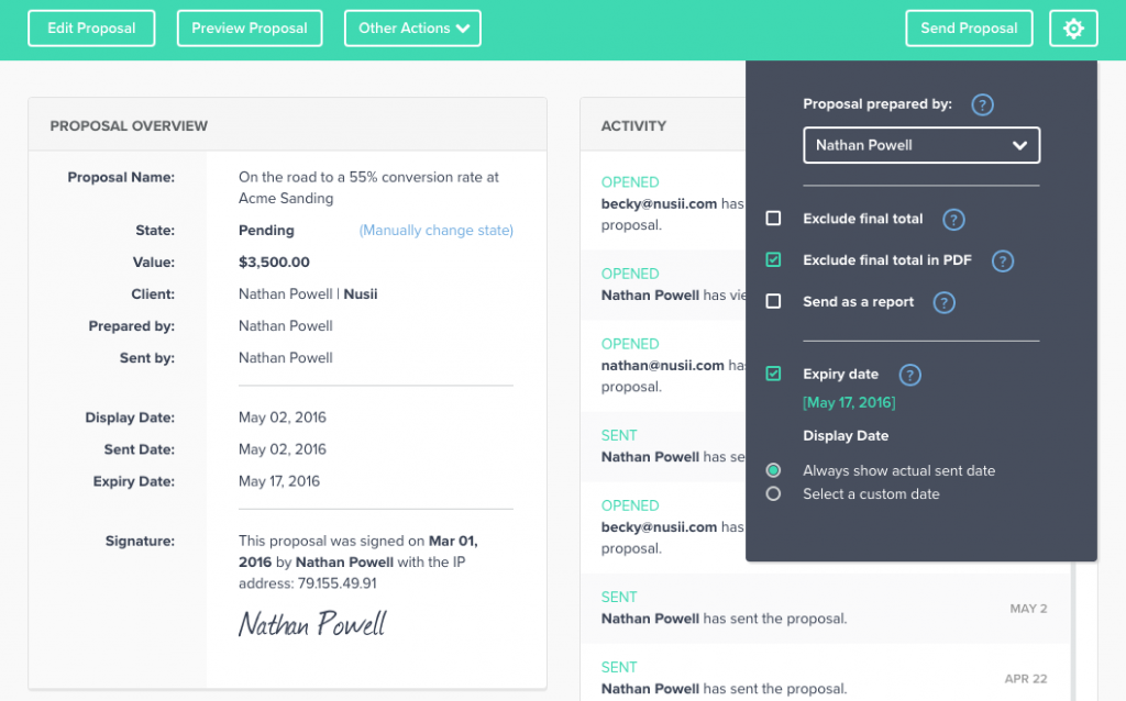 Proposal Overview Settings Screen