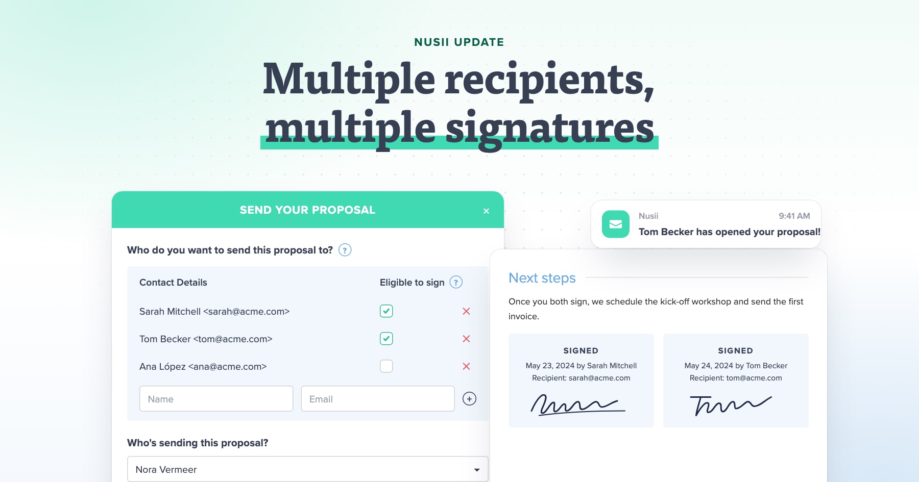 Nusii Update: Multiple Recipients and Multiple Signatures