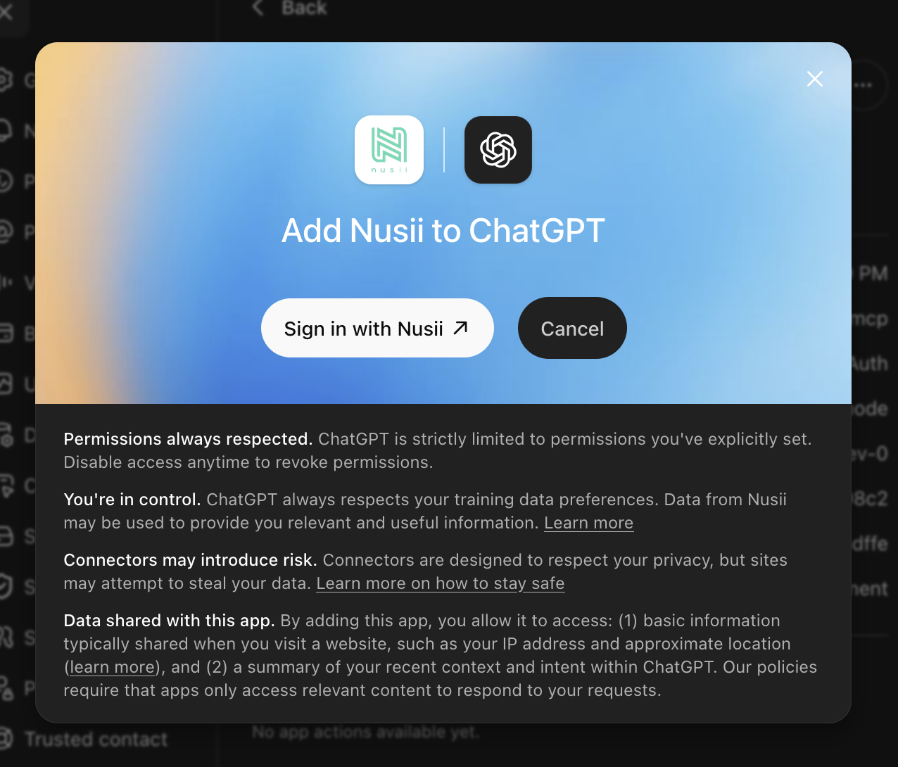 The Add Nusii to ChatGPT confirmation screen