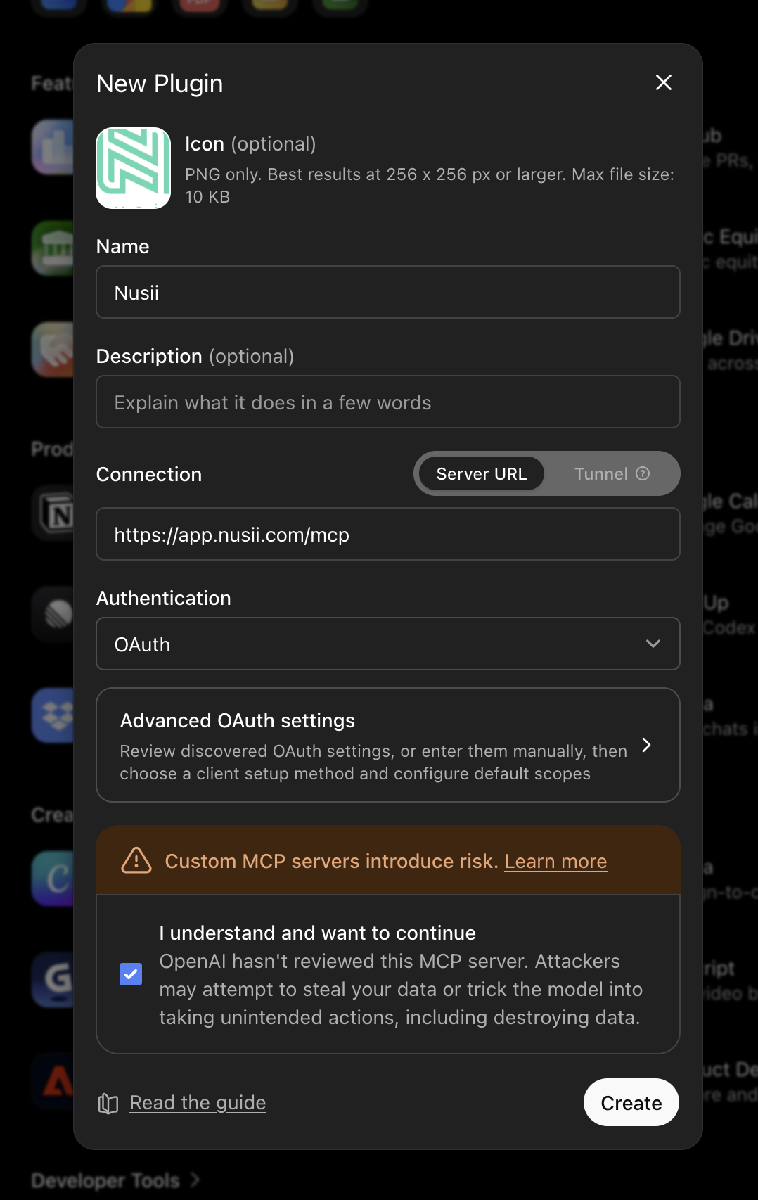The New Plugin dialog in ChatGPT, filled in for Nusii