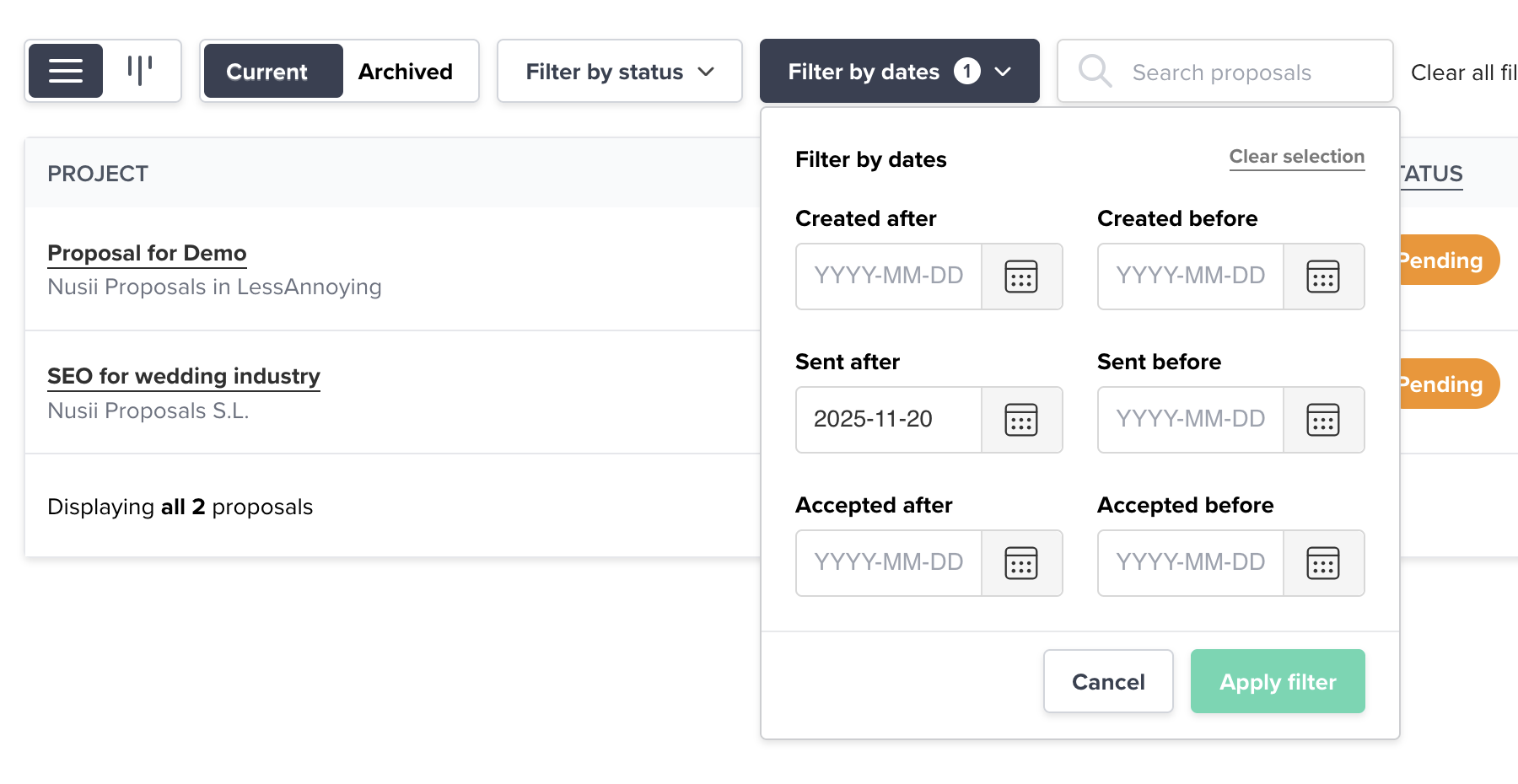 Filter proposals by date