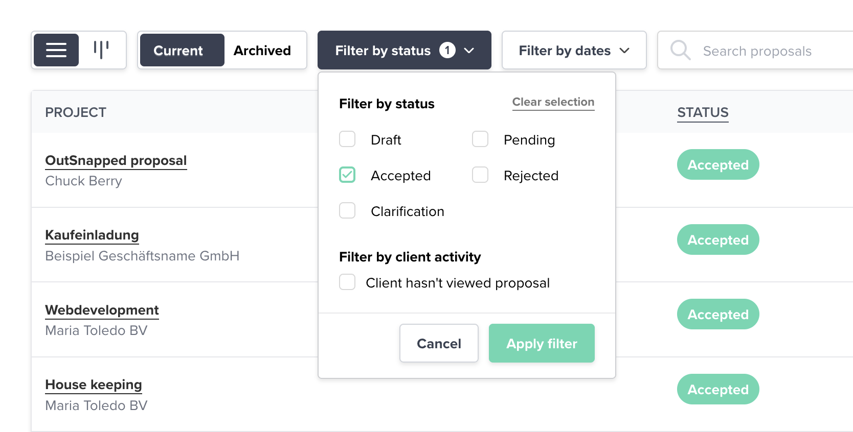 Filter by proposal status