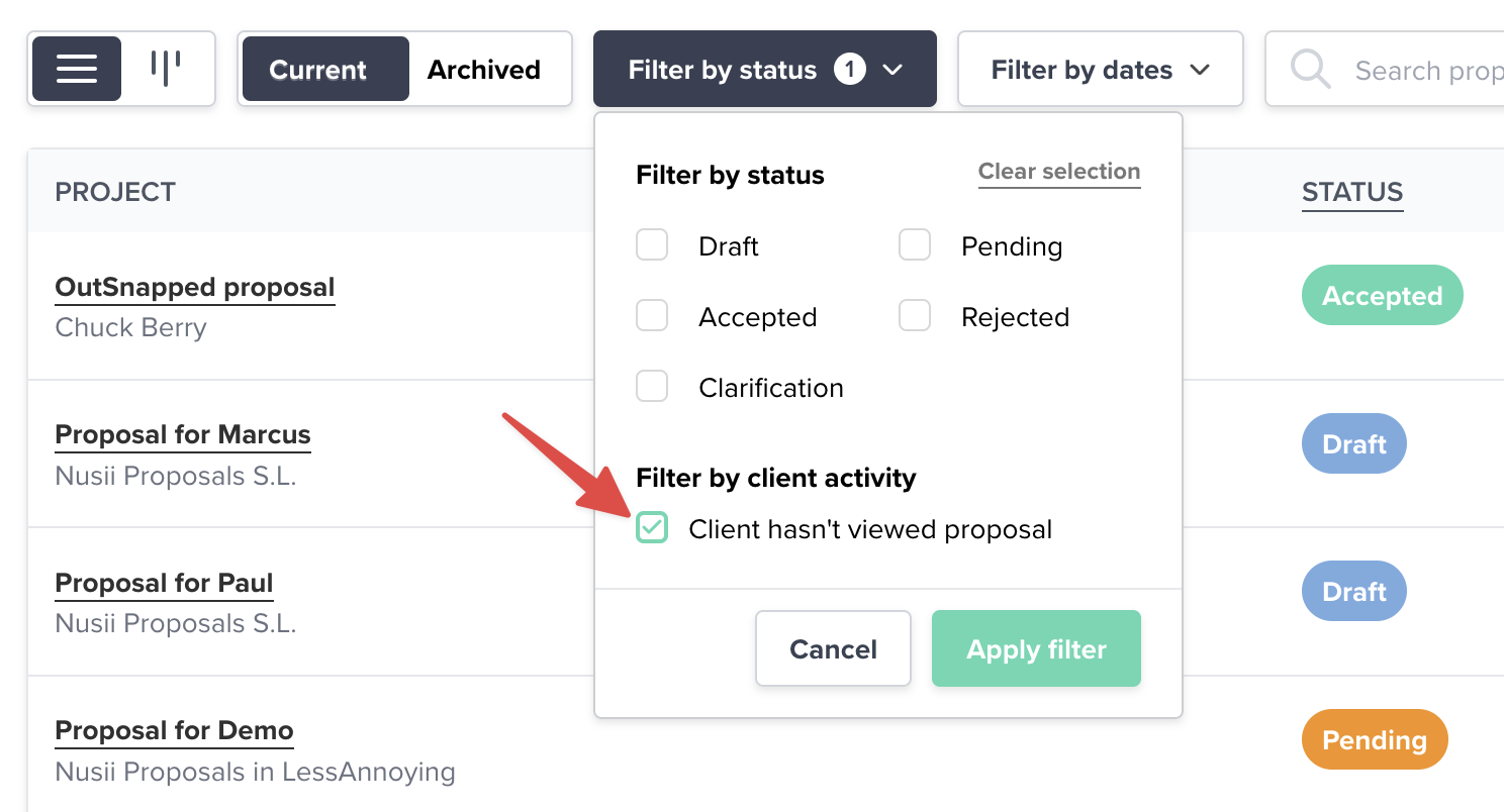 Filter for unviewed proposals