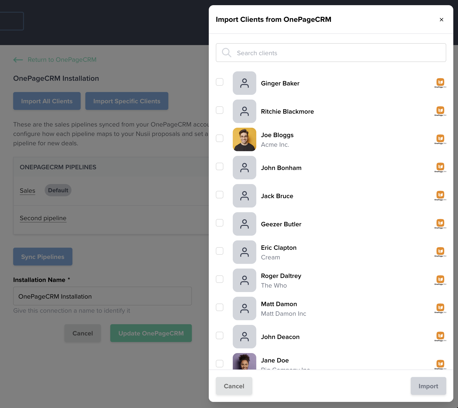 Import specific clients from OnePageCRM