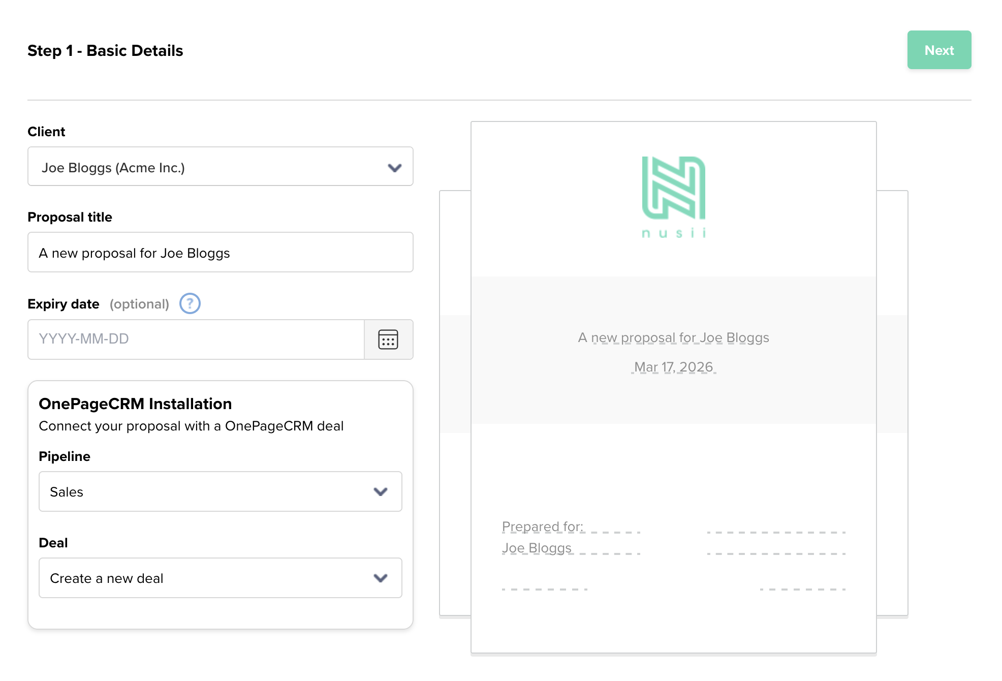 Create proposal with OnePageCRM deal