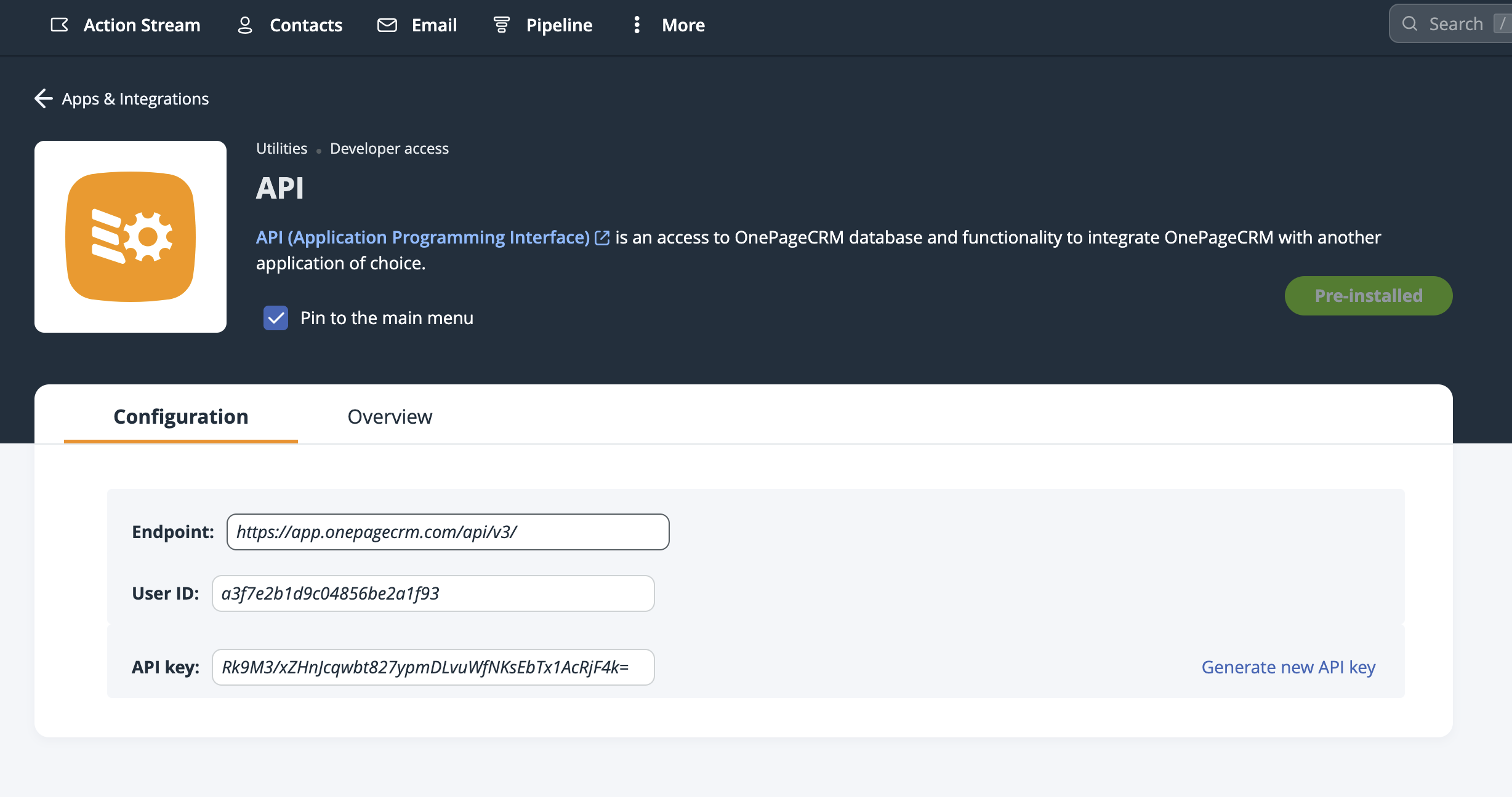 OnePageCRM API settings