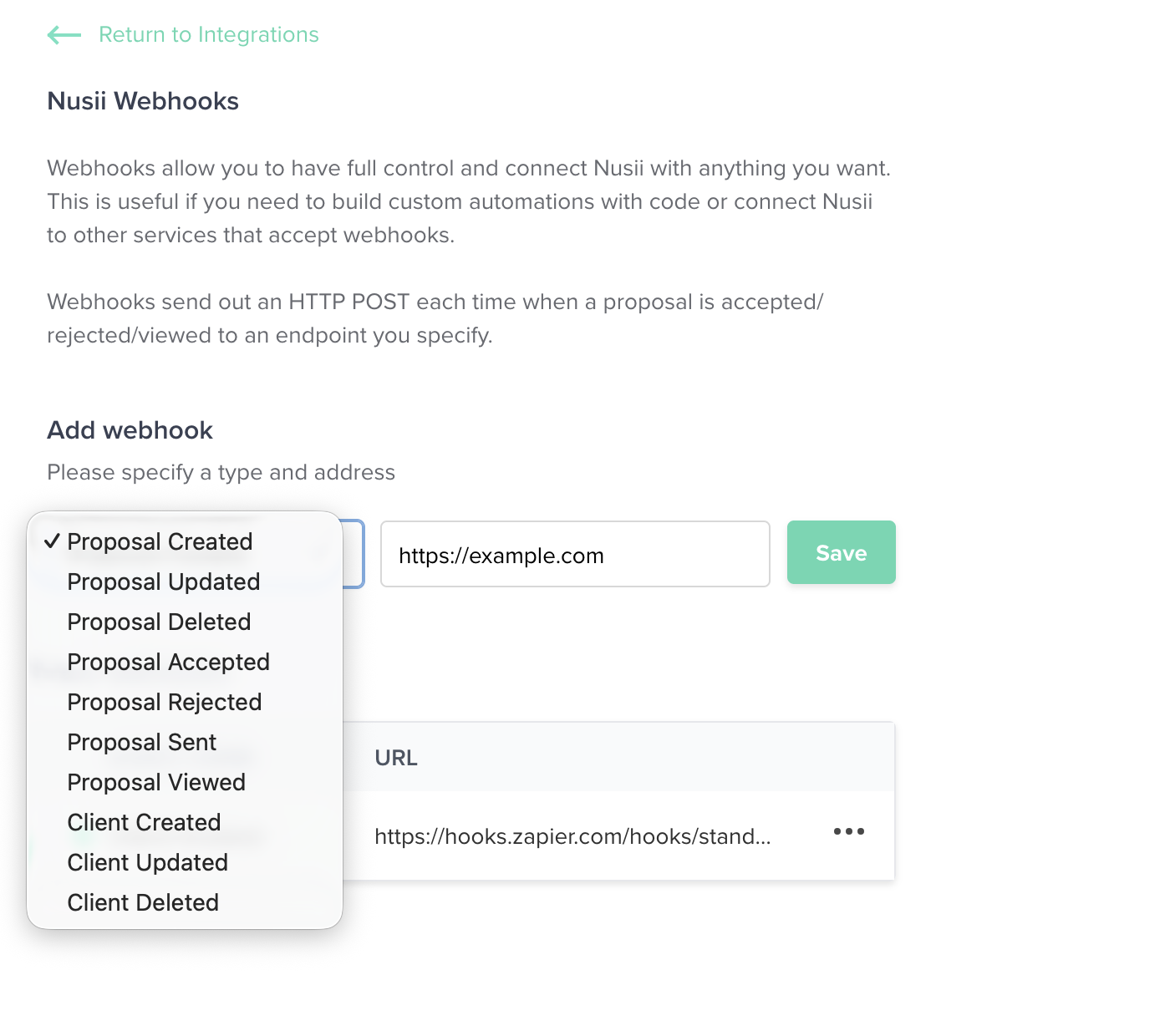 Choosing an event type and entering a webhook URL