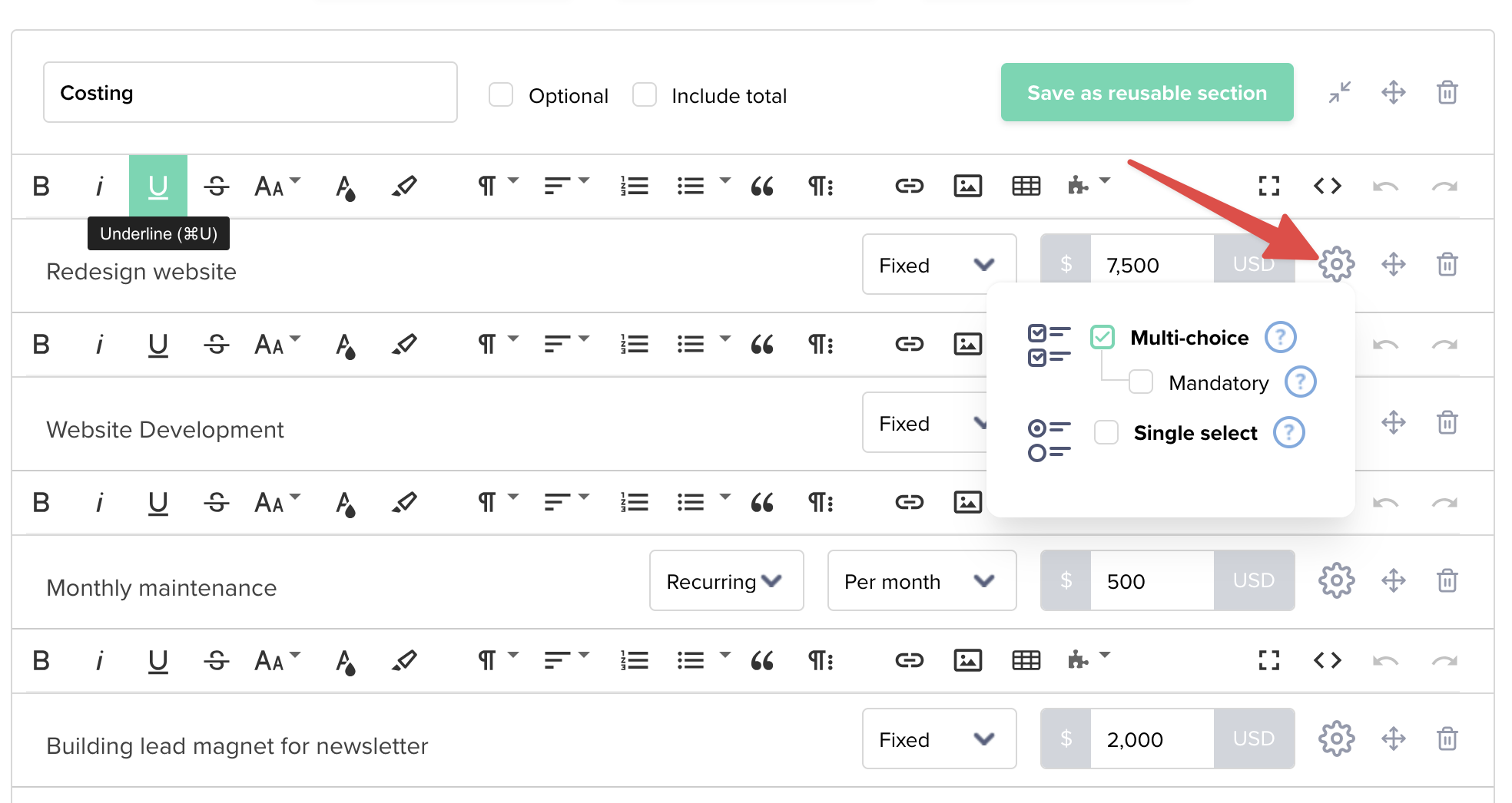 Optional Line Items Editor