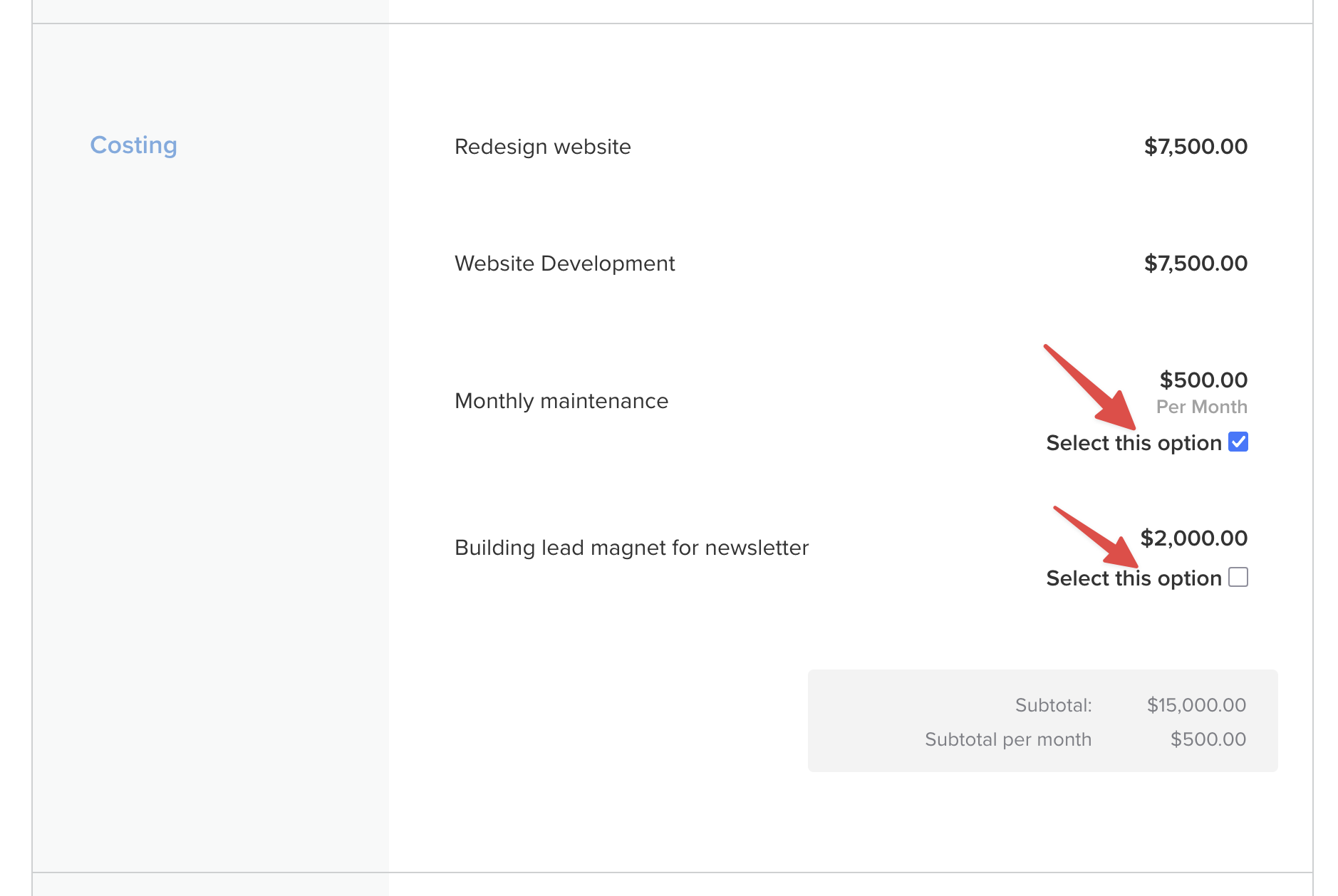 Optional Line Items Preview