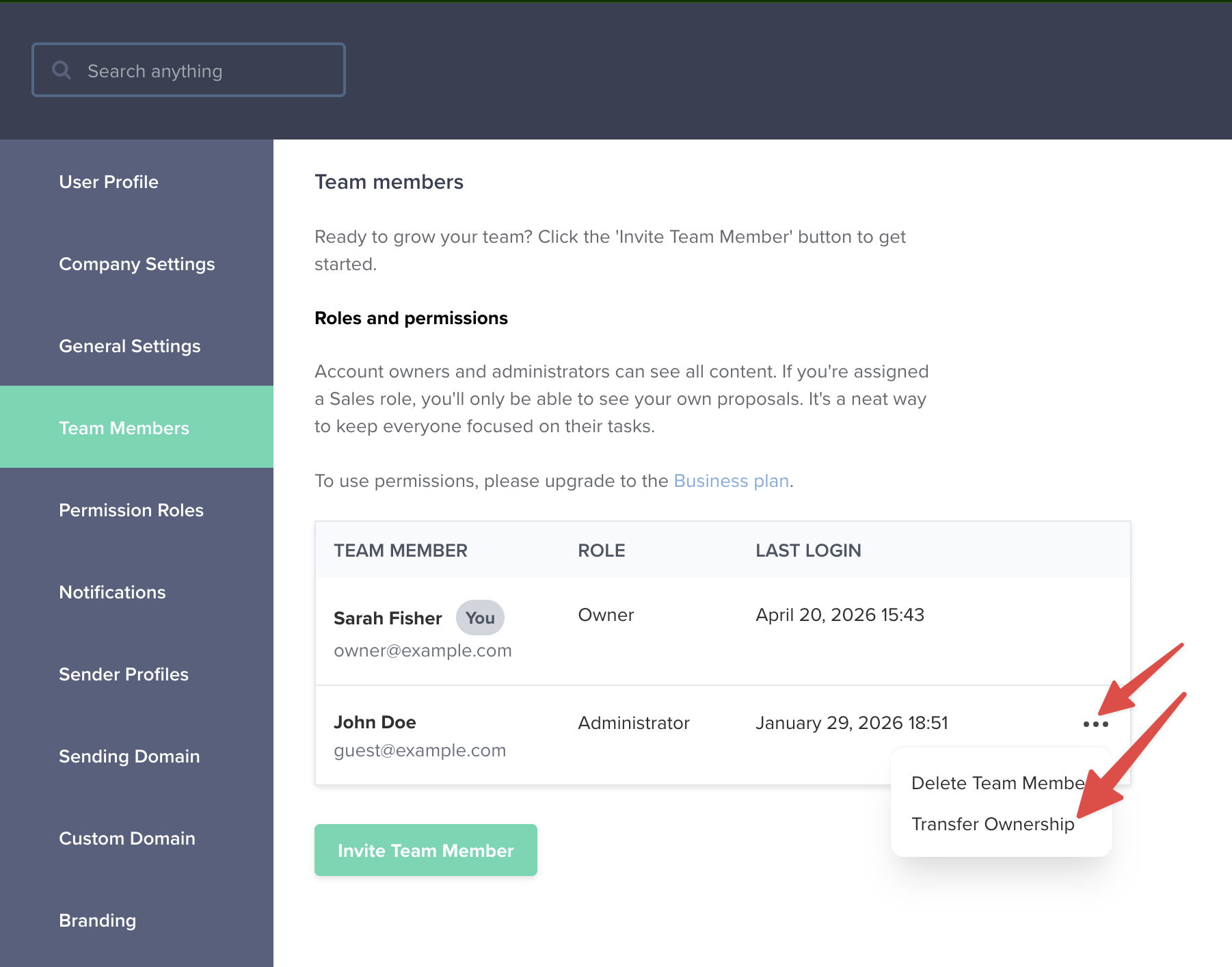 Transfer Ownership menu